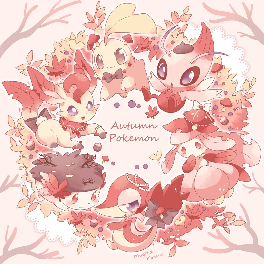 leafeon, snivy, chikorita, celebi, shaymin, and 1 more (pokemon) drawn by mugita_konomi
