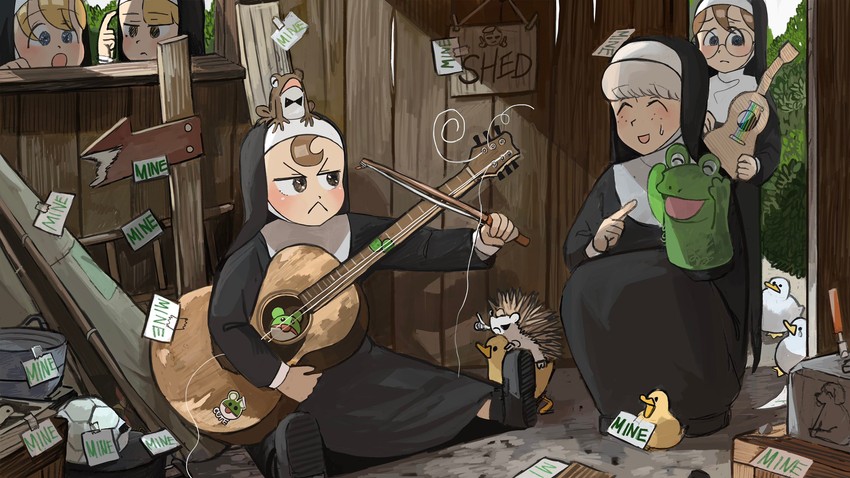 clumsy nun, froggy nun, spicy nun, sheep nun, and glasses nun (little nuns) drawn by diva_(hyxpk)