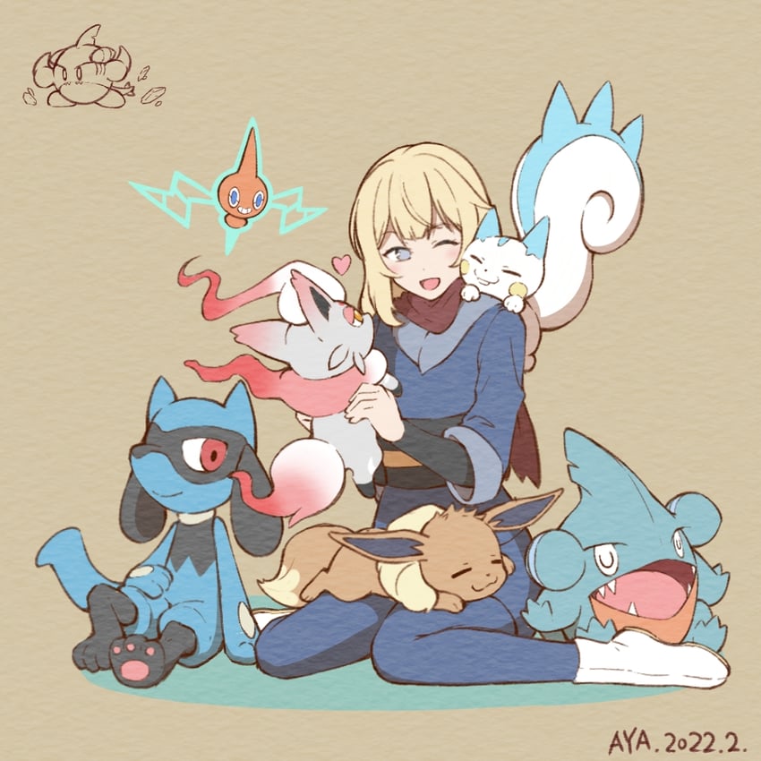 eevee, rotom, akari, pachirisu, riolu, and 2 more (pokemon and 1 more) drawn by aya-zard