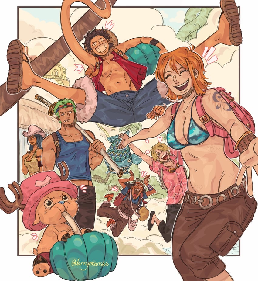 nami, monkey d. luffy, nico robin, roronoa zoro, sanji, and 2 more (one piece) drawn by dannymans66