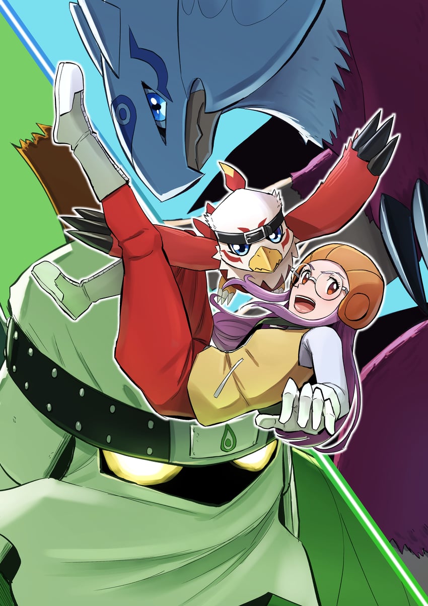 inoue miyako, hawkmon, shurimon, and holsmon (digimon and 1 more) drawn by hasegawa_(hase_popopo)