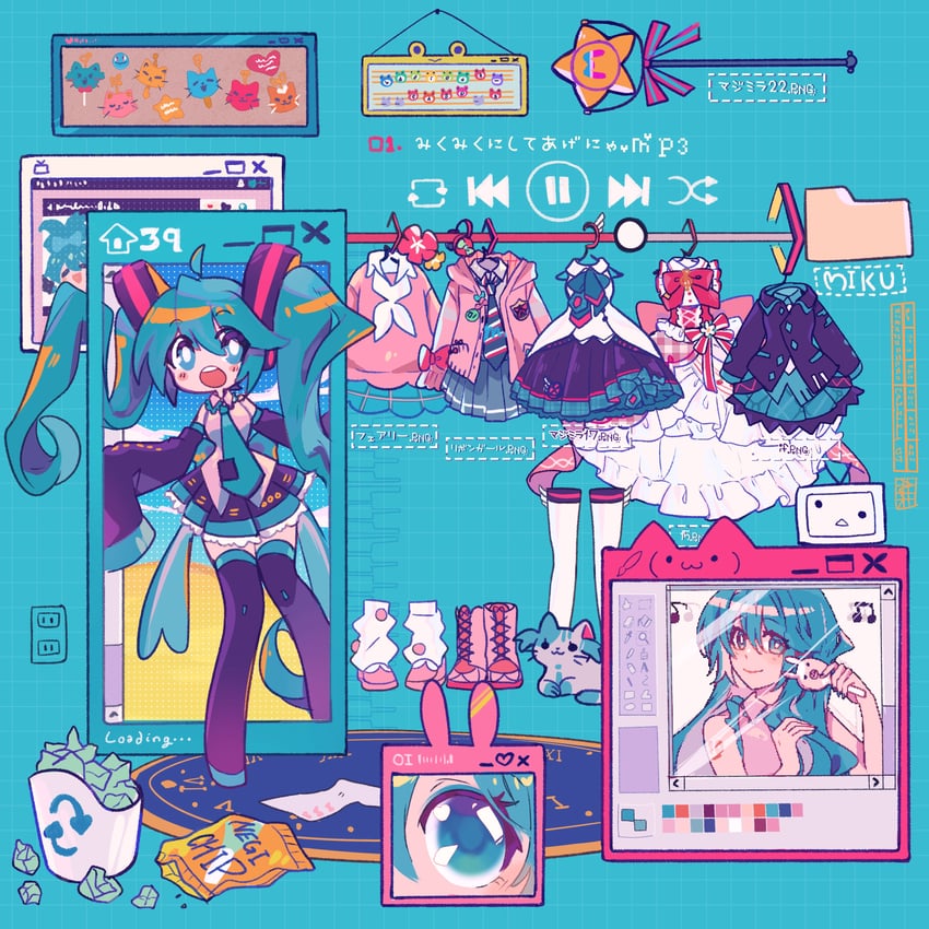 hatsune miku, magical mirai miku, cinnamiku, fairy miku, terebi-chan, and 1 more (pokemon and 7 more) drawn by hikusa
