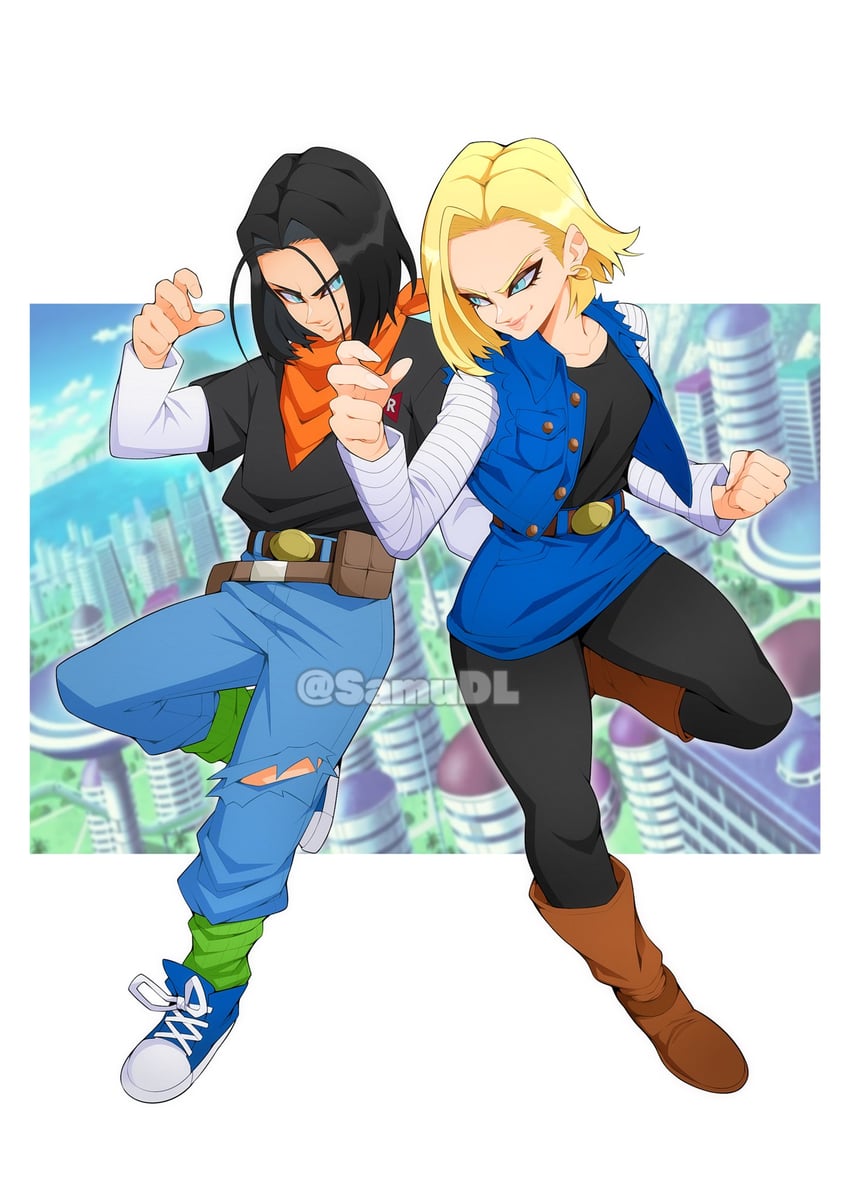 android 18 and android 17 (dragon ball and 1 more) drawn by samu_(samudl)