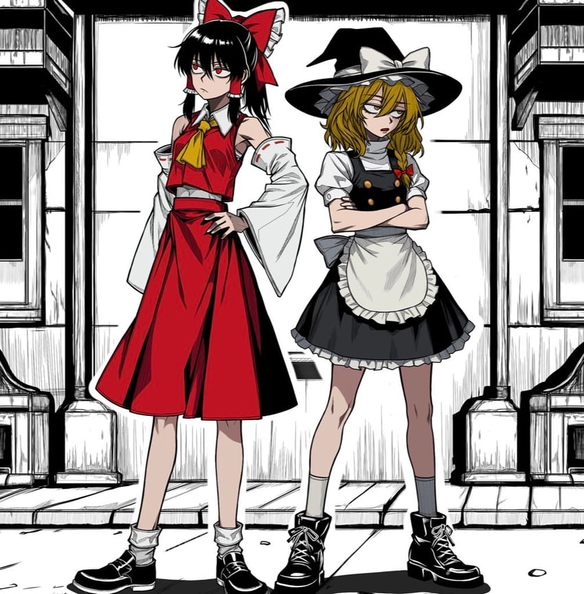 hakurei reimu and kirisame marisa (touhou) drawn by ryoan_(voyagehermitage)