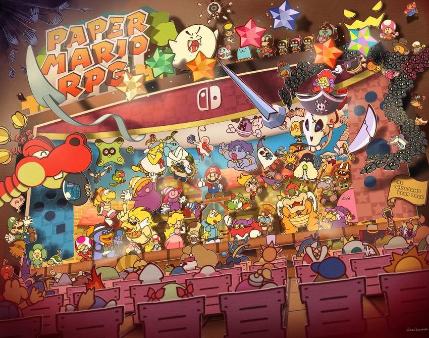 princess peach, mario, luigi, bowser, boo, and 53 more (mario and 4 more) drawn by maribou_(supermaribou)