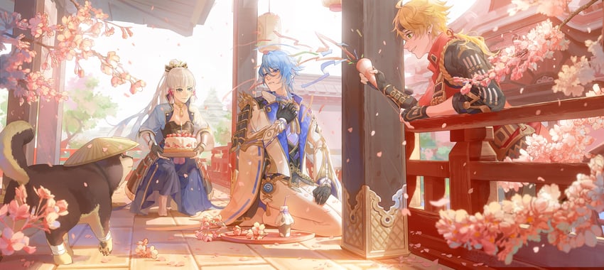 kamisato ayaka, kamisato ayato, thoma, and taroumaru (genshin impact) drawn by amanmanmanx