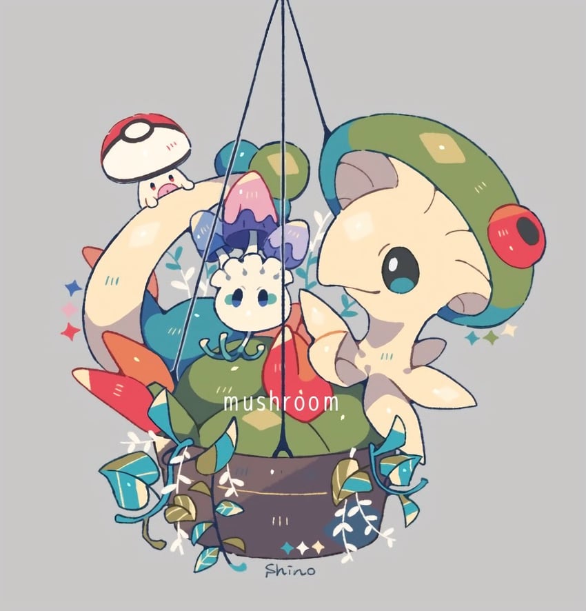 breloom, foongus, and morelull (pokemon) drawn by shino_(shinoru_p)