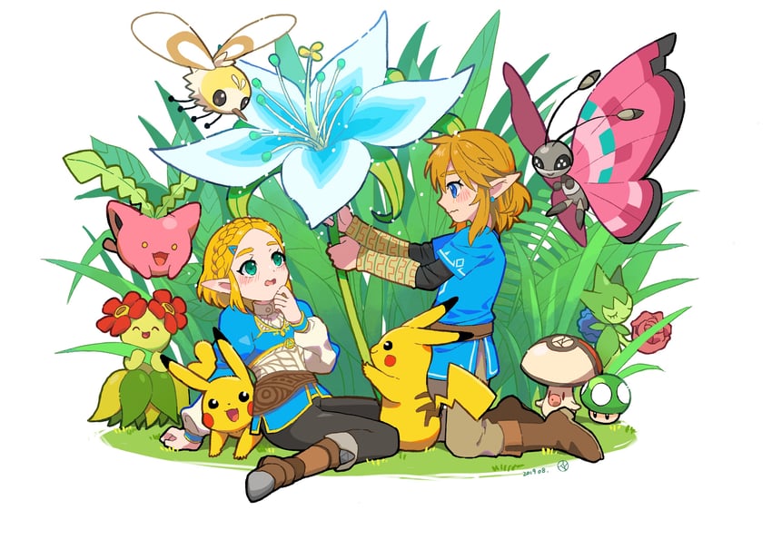 link, pikachu, princess zelda, hoppip, cutiefly, and 4 more (pokemon and 4 more) drawn by rutiwa