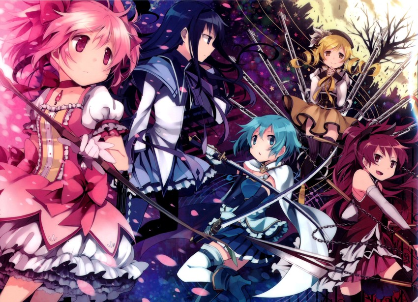 akemi homura, kaname madoka, miki sayaka, sakura kyoko, and tomoe mami (mahou shoujo madoka magica) drawn by hanokage