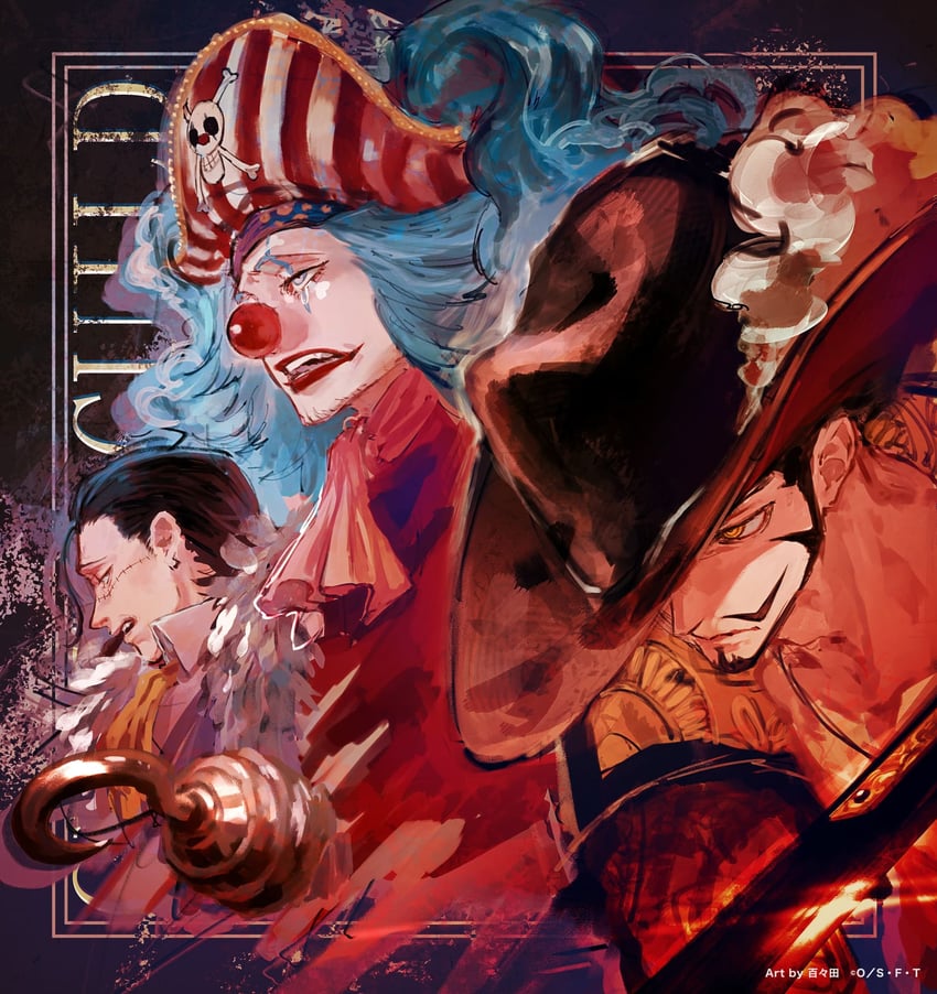 crocodile, buggy the clown, and dracule mihawk (one piece) drawn by momota_ro5555