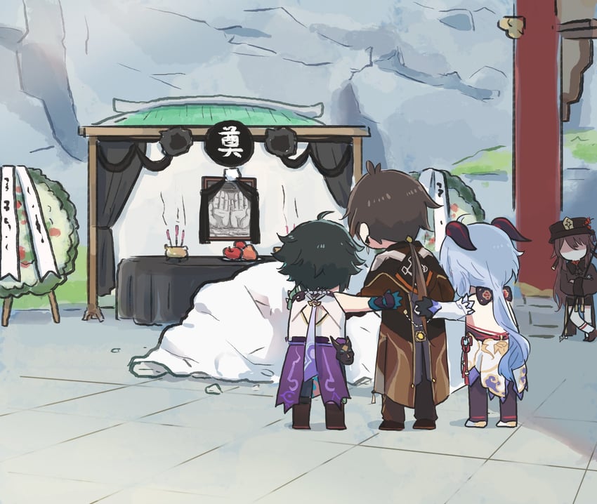 ganyu, hu tao, zhongli, and xiao (genshin impact) drawn by xinzoruo