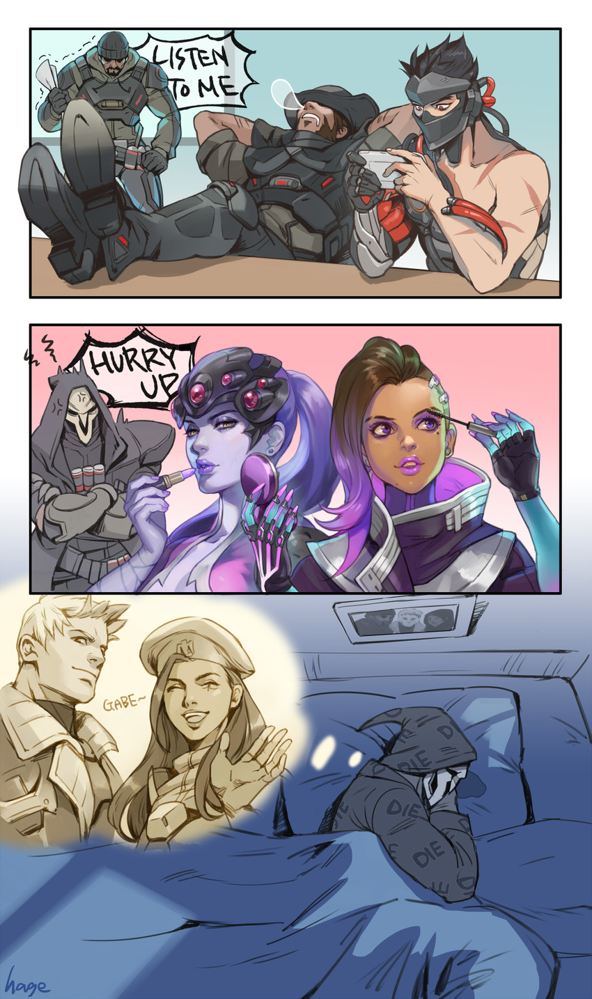 widowmaker, soldier: 76, sombra, genji, reaper, and 7 more (overwatch and 1 more) drawn by hage2013