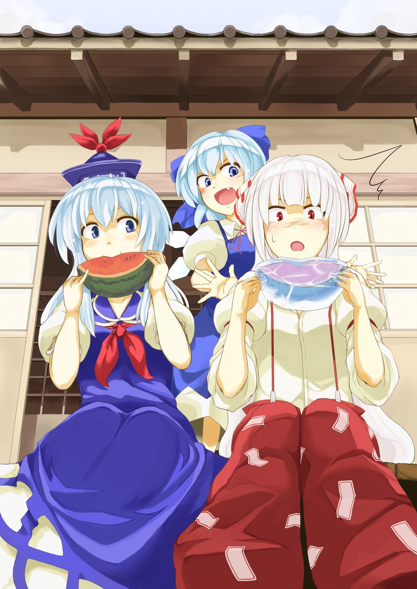 cirno, fujiwara no mokou, and kamishirasawa keine (touhou) drawn by kontami_(artist)