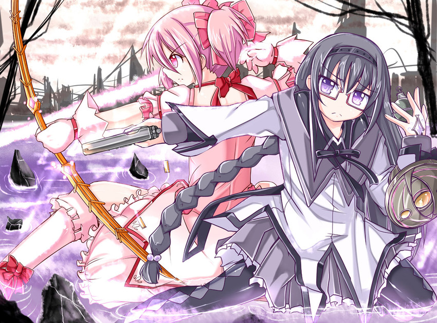 akemi homura and kaname madoka (mahou shoujo madoka magica) drawn by mad_(hazukiken)
