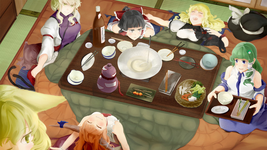 hakurei reimu, kirisame marisa, kochiya sanae, yakumo yukari, yakumo ran, and 2 more (touhou) drawn by hi_you_(flying_bear)