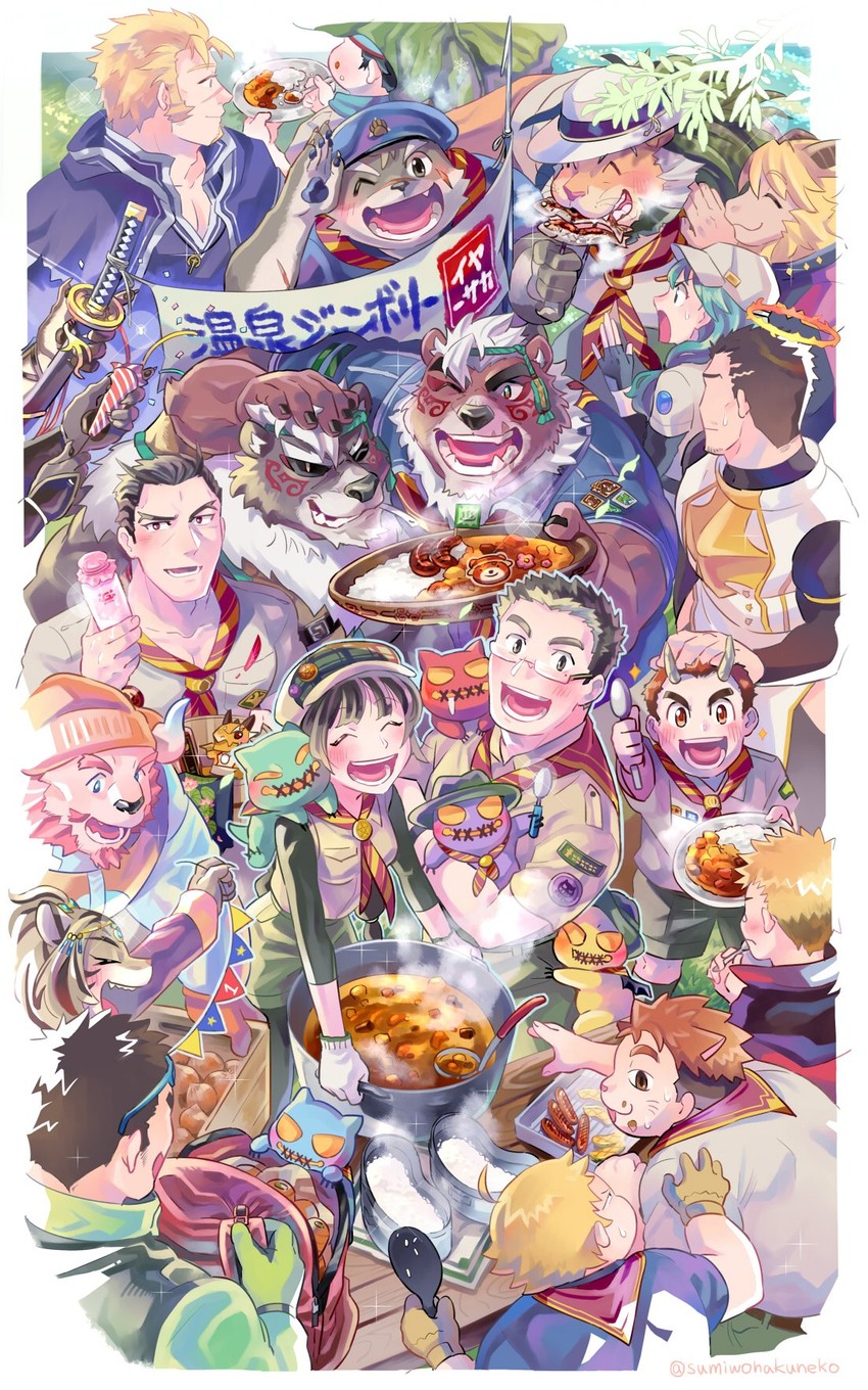 zabaniyya, protagonist 2, motoori shiro, arsalan, moritaka, and 16 more (tokyo afterschool summoners) drawn by sumi_wo_hakuneko