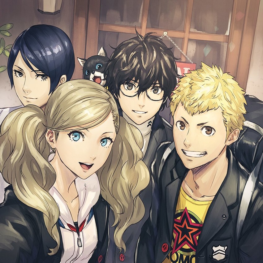 amamiya ren, takamaki anne, sakamoto ryuuji, morgana, and kitagawa yuusuke (persona and 1 more) drawn by anbe_yoshirou