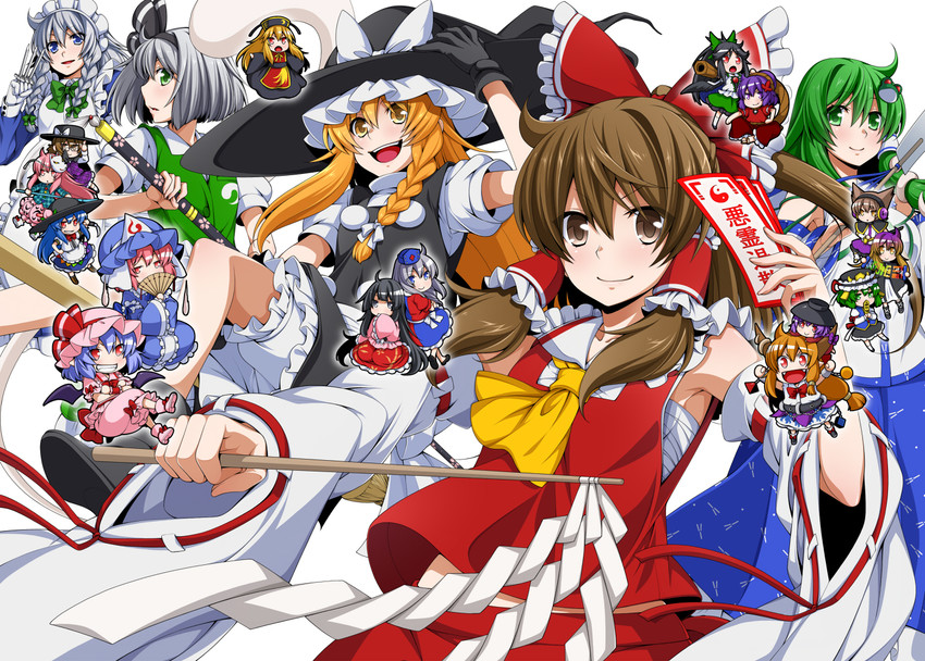 hakurei reimu, kirisame marisa, remilia scarlet, izayoi sakuya, kochiya sanae, and 15 more (touhou) drawn by eichi_yuu