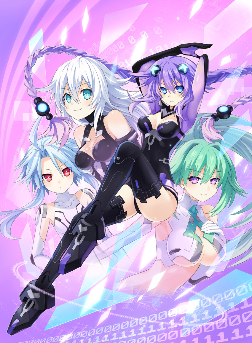 purple heart, black heart, white heart, and green heart (neptune and 1 more) drawn by tsunako