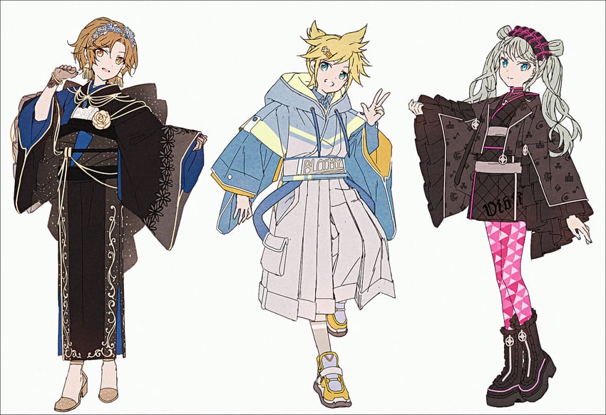 hatsune miku, kagamine len, meiko, vivid bad squad miku, vivid bad squad meiko, and 1 more (vocaloid and 1 more) drawn by hakusai_(tiahszld)
