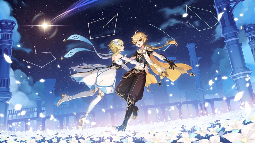 lumine and aether (genshin impact) drawn by amaichi_esora