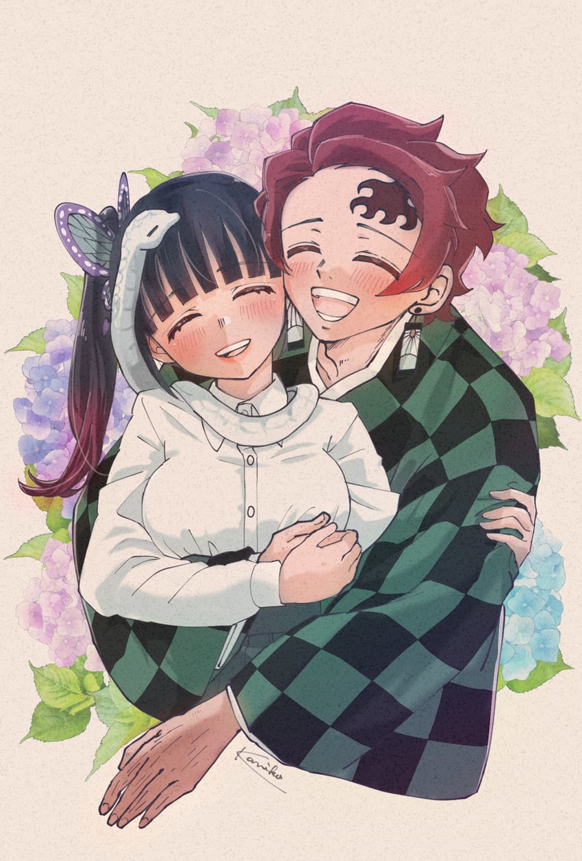 kamado tanjirou and tsuyuri kanao (kimetsu no yaiba) drawn by kanea_(nikoinoillust)