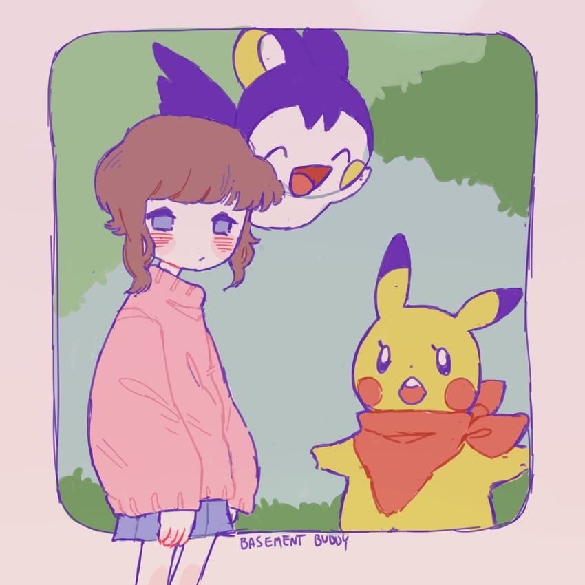 pikachu and emolga (pokemon) drawn by basement_buddy
