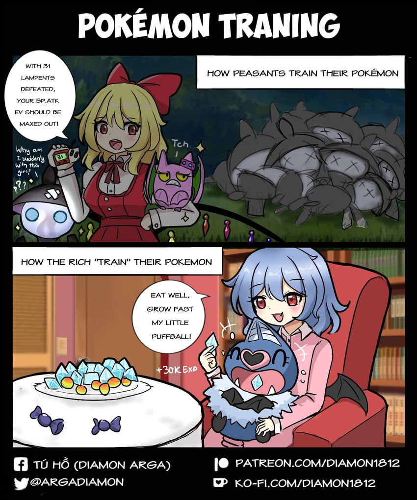 remilia scarlet, flandre scarlet, crobat, lampent, and swoobat (touhou and 1 more) drawn by diamon_arga