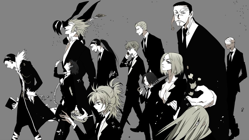 chrollo lucilfer, shizuku murasaki, machi komacine, feitan portor, kalluto zoldyck, and 9 more (hunter x hunter) drawn by suou_(sdurorhr)