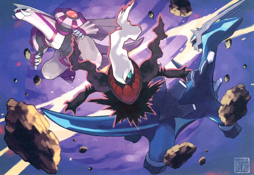 darkrai, dialga, and palkia (pokemon) drawn by sugimori_ken