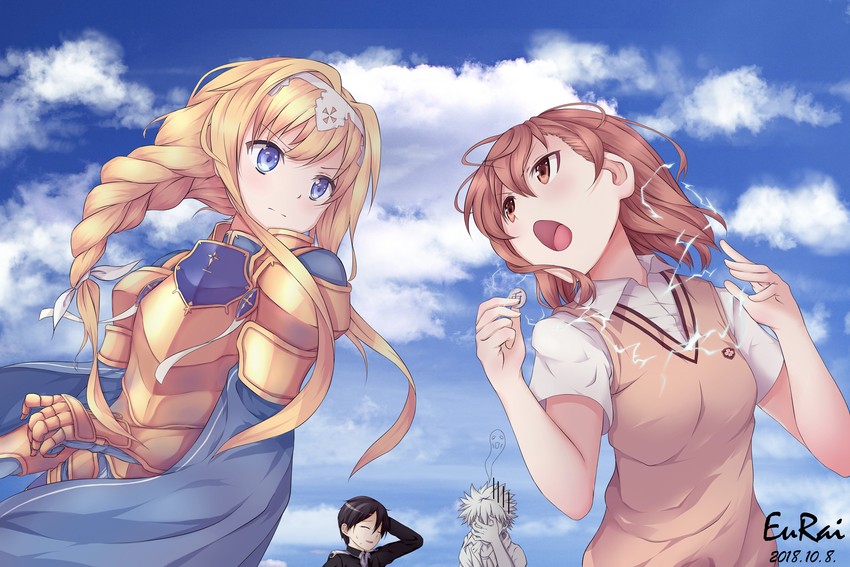 misaka mikoto, kirito, kamijou touma, and alice zuberg (toaru majutsu no index and 3 more) drawn by eurai