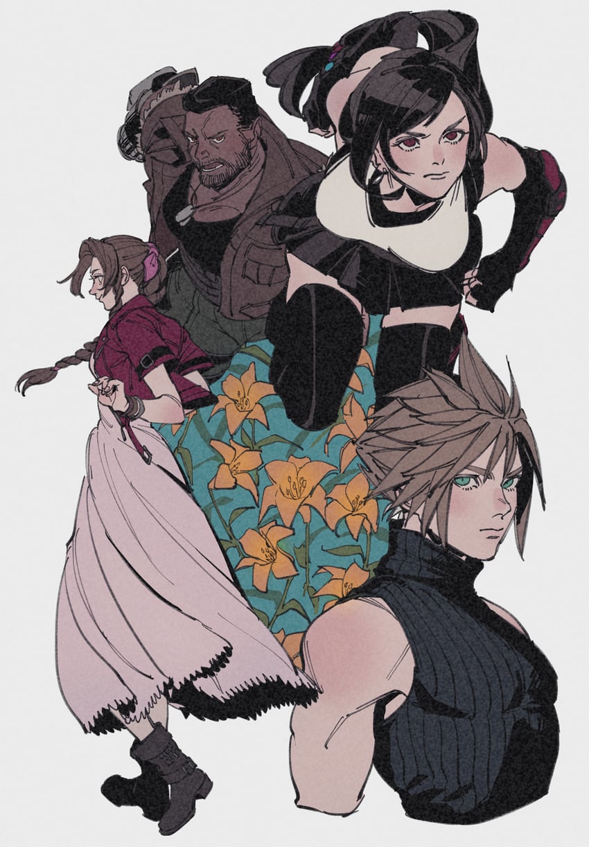 tifa lockhart, cloud strife, aerith gainsborough, and barret wallace (final fantasy and 2 more) drawn by oimo_(oimkimn)
