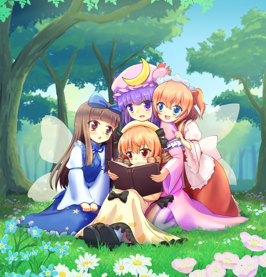 patchouli knowledge, star sapphire, luna child, and sunny milk (touhou) drawn by yoruniwa