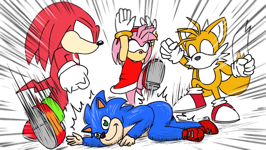 sonic the hedgehog, amy rose, tails, and knuckles the echidna (jojo no kimyou na bouken and 2 more) drawn by bikkuri_moon
