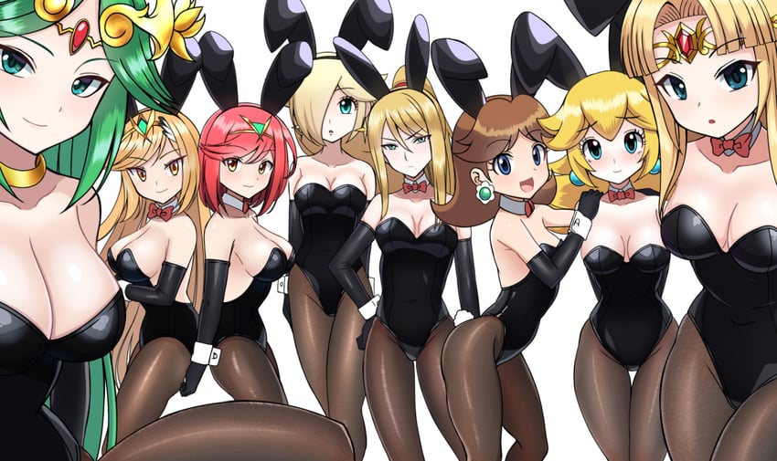 princess zelda, pyra, princess peach, mythra, samus aran, and 3 more (the legend of zelda and 9 more) drawn by zetsuei_(zetto)