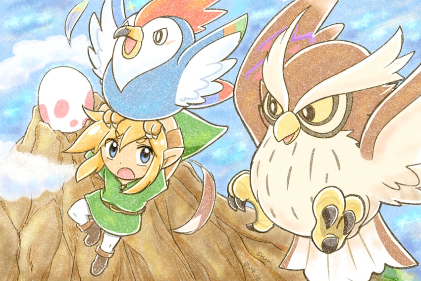 link, owl, and flying rooster (the legend of zelda and 1 more) drawn by shuri_(syurigame)