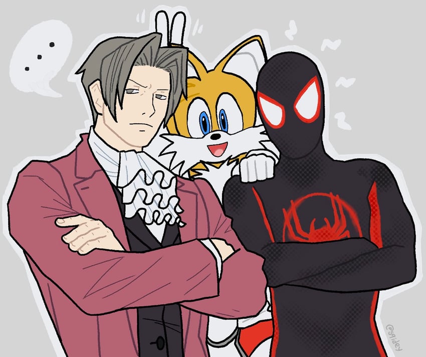 tails, miles edgeworth, miles morales, and spider-man (marvel and 9 more) drawn by sqidey