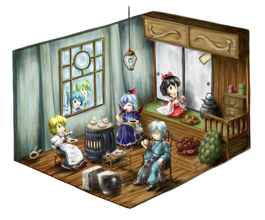 hakurei reimu, kirisame marisa, cirno, daiyousei, morichika rinnosuke, and 1 more (touhou) drawn by nom_(shumneko)