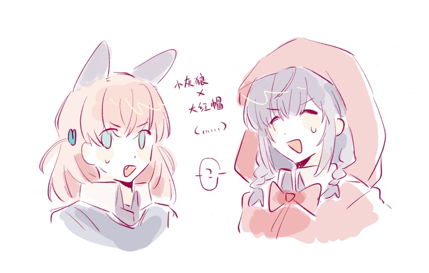 hinoshita kaho, otomune kozue, little red riding hood, and big bad wolf (love live! and 2 more) drawn by woodonly