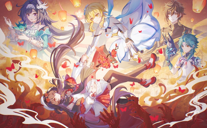 lumine, zhongli, xiao, hu tao, and lan yan (genshin impact) drawn by aqinorz