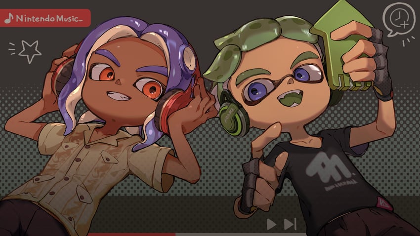 inkling player character, octoling player character, inkling boy, and octoling boy (splatoon) drawn by mkakimikan