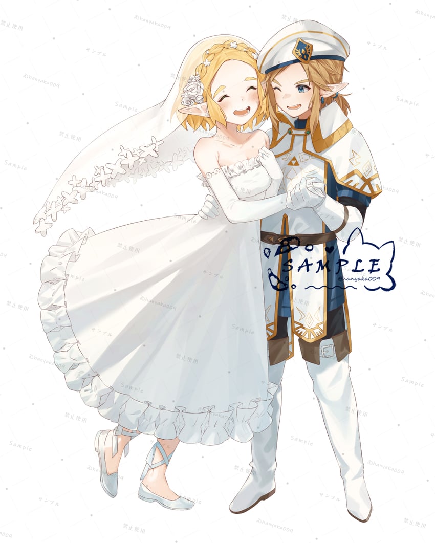 link and princess zelda (the legend of zelda and 2 more) drawn by hanyaka