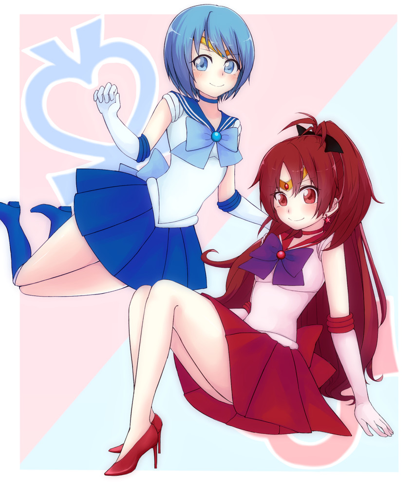 miki sayaka, sakura kyoko, sailor mercury, and sailor mars (mahou shoujo madoka magica and 1 more) drawn by reina_(leinqchqn)