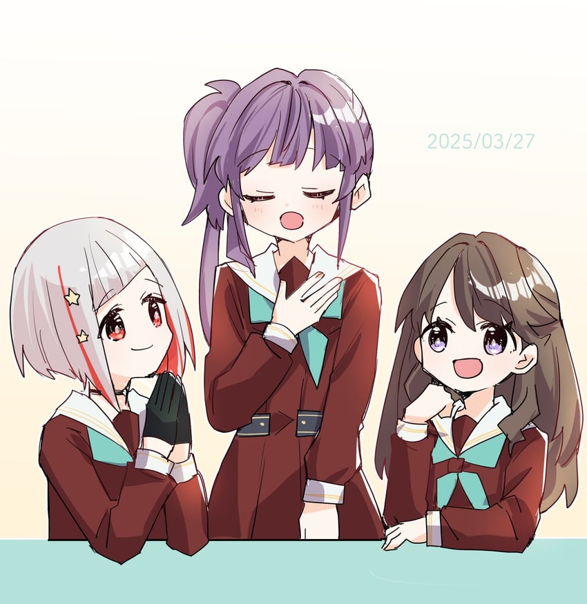 fujishima megumi, otomune kozue, and yugiri tsuzuri (love live! and 1 more) drawn by kanduki_kamibukuro