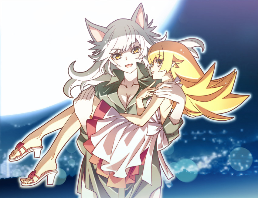 oshino shinobu, hanekawa tsubasa, and black hanekawa (monogatari) drawn by nyoro_(nyoronyoro000)