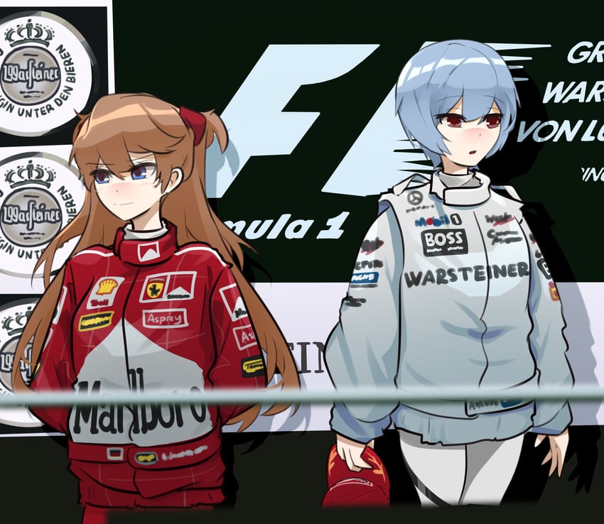 souryuu asuka langley, ayanami rei, michael schumacher, and mika hakkinen (neon genesis evangelion and 1 more) drawn by holeecrab