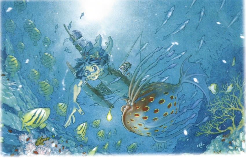 serge, leena, and poshul (chrono cross) drawn by yuuki_nobuteru