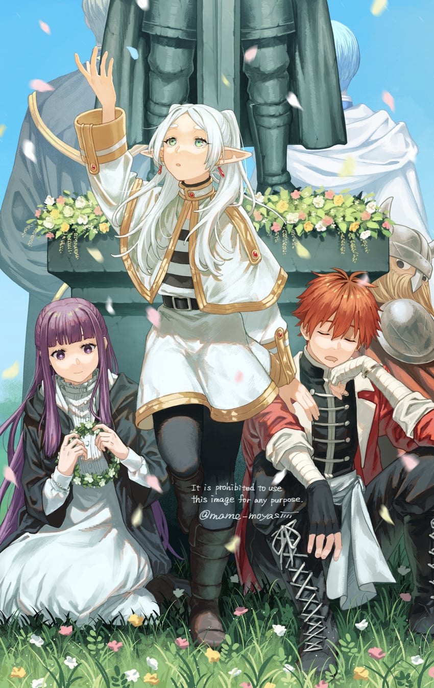 frieren, fern, stark, himmel, eisen, and 1 more (sousou no frieren) drawn by mame_moyashi