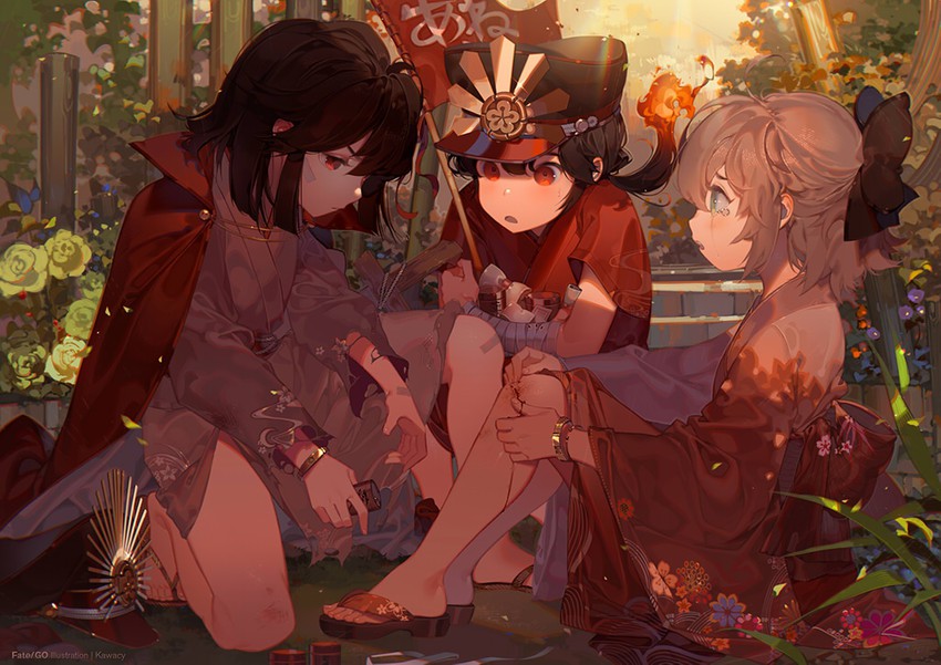 okita souji, oda nobunaga, and oda nobukatsu (fate and 2 more) drawn by kawacy