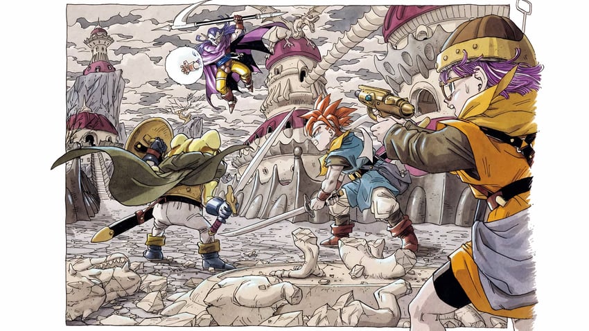 lucca ashtear, crono, frog, and magus (chrono trigger) drawn by toriyama_akira